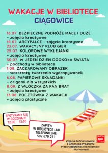 Plakat zapowiadający ofertę zajęć wakacyjnych dla dzieci i młodzieży w bibliotece w Ciągowicach w 2024 roku