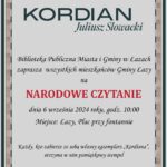 Plakat zapowiadający narodowe czytanie Kordiana 6 września 2024 roku