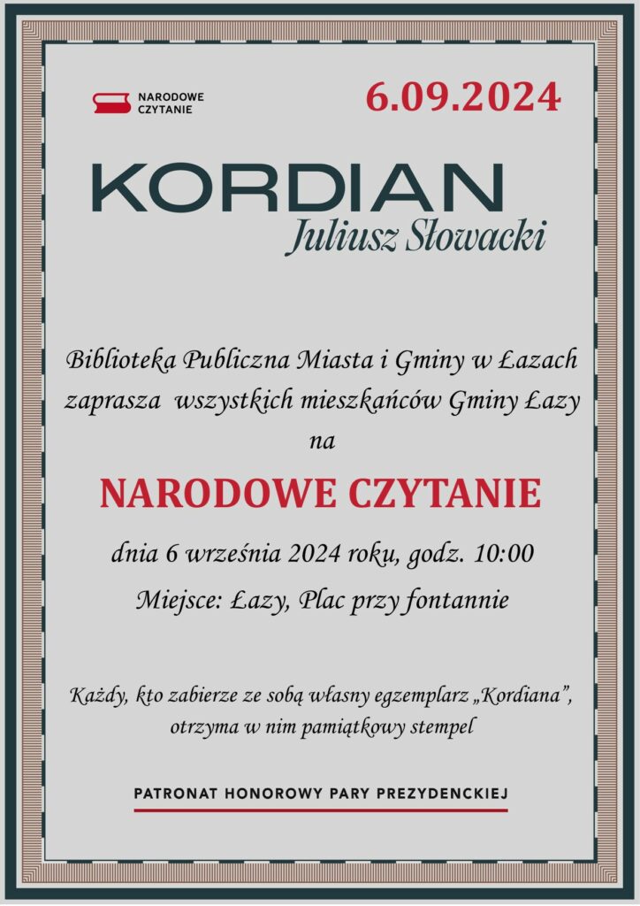 Plakat zapowiadający narodowe czytanie Kordiana 6 września 2024 roku