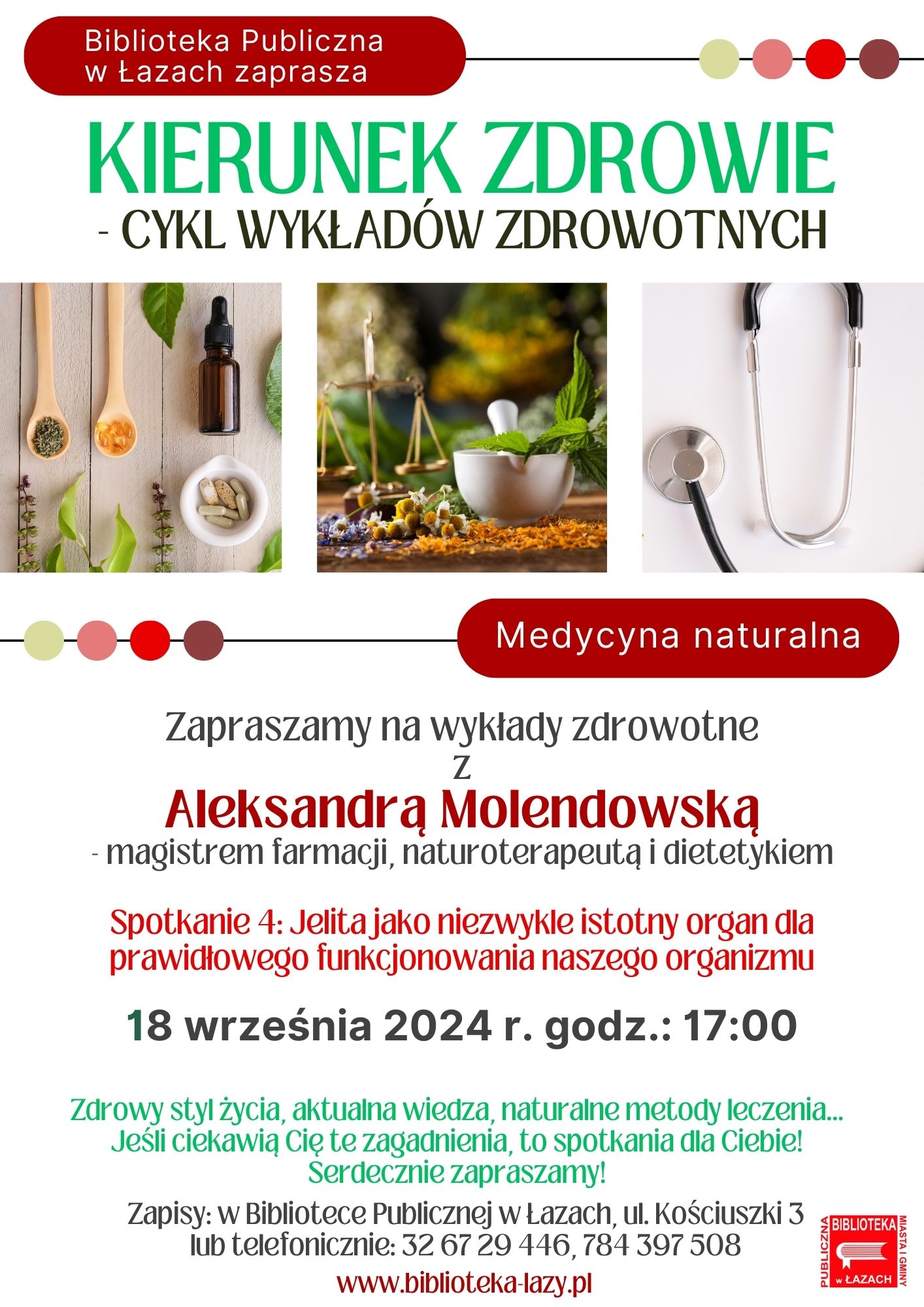 Plakat zapowiadający czwarte spotkanie z cyklu wykładów kierunek zdrowie z Aleksandrą Molendowską które odbędzie się 18 września o godzinie 17