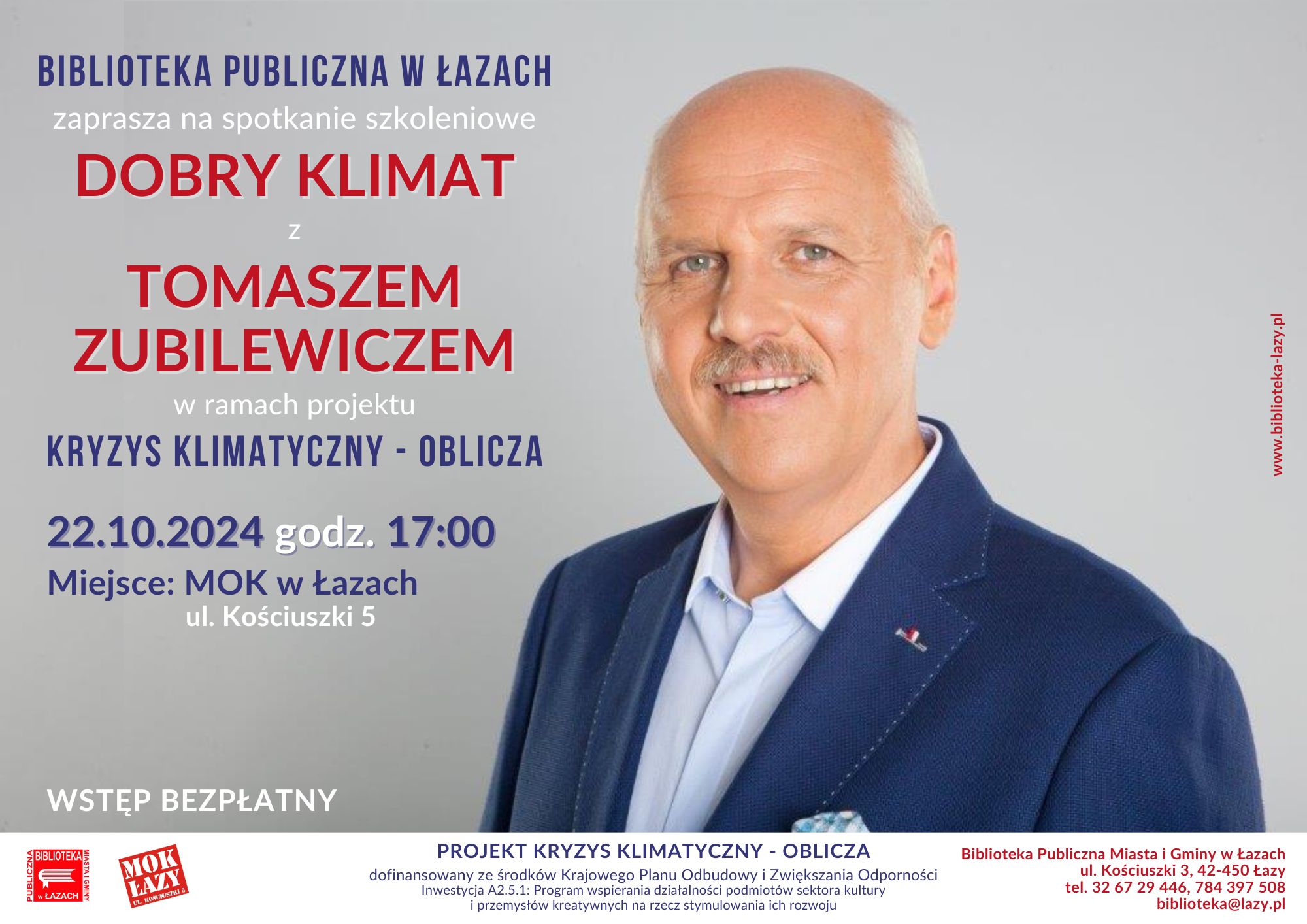 Plakat zapowiadający spotkanie szkoleniowe z Tomaszem Zubilewiczem 22 października 2024 roku o godzinie 17