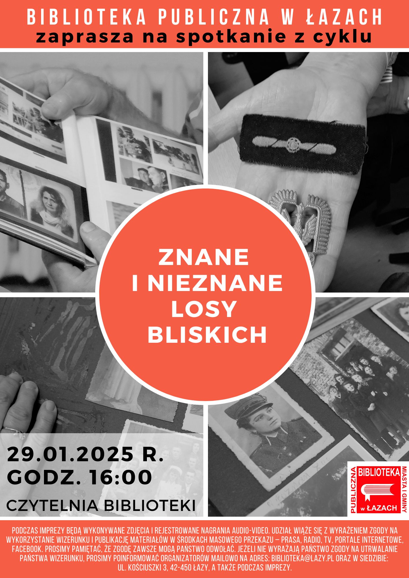 Plakat zapowiadający spotkanie z cyklu znane i nieznane losy bliskich 29 stycznia 2025 roku