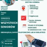 Plakat zapowiadający akcję badania choleterolu, trójglicerydów i ciśnienia dla seniorów, która odbędzie się 21 stycznia 2025 roku