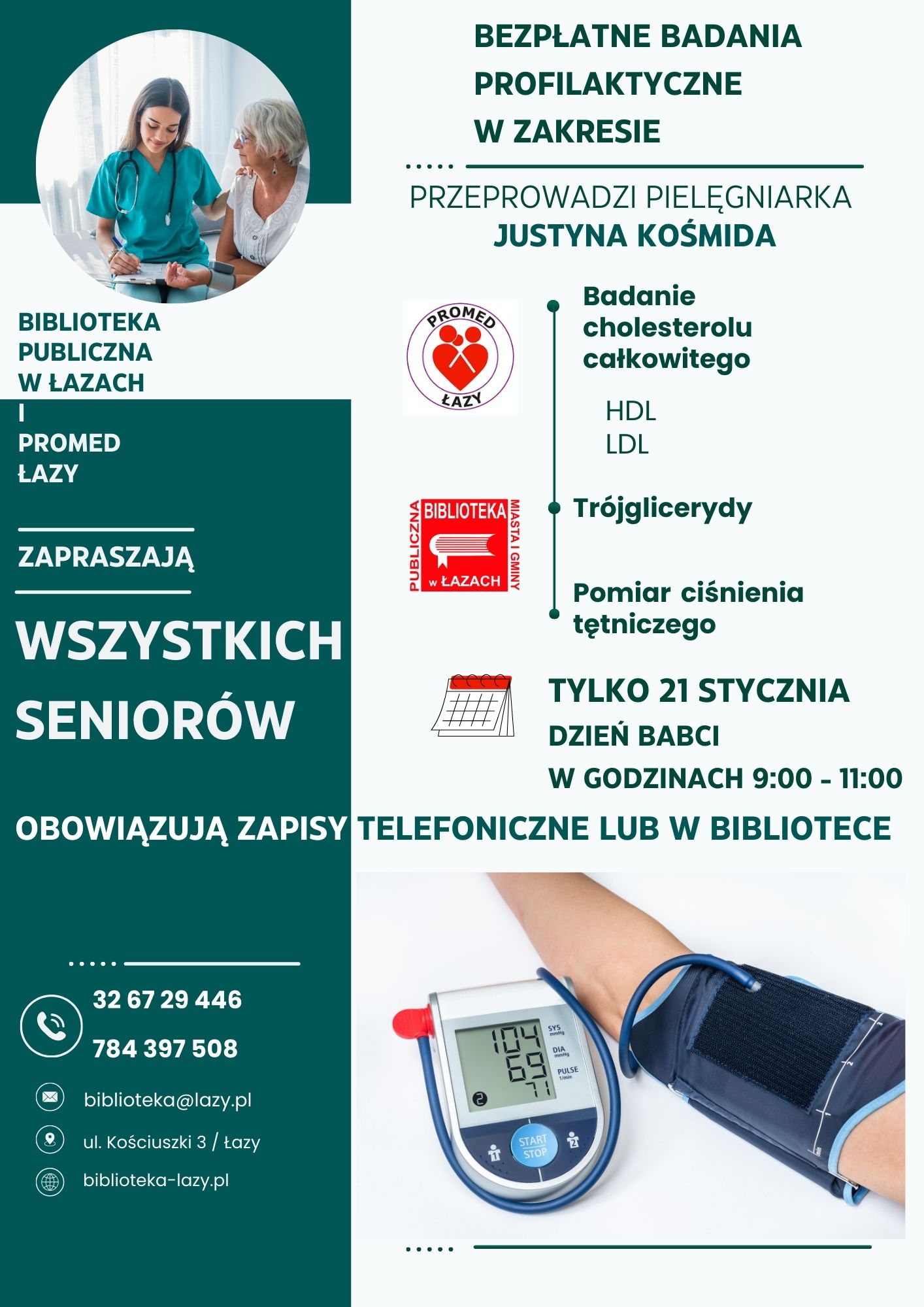 Plakat zapowiadający akcję badania choleterolu, trójglicerydów i ciśnienia dla seniorów, która odbędzie się 21 stycznia 2025 roku