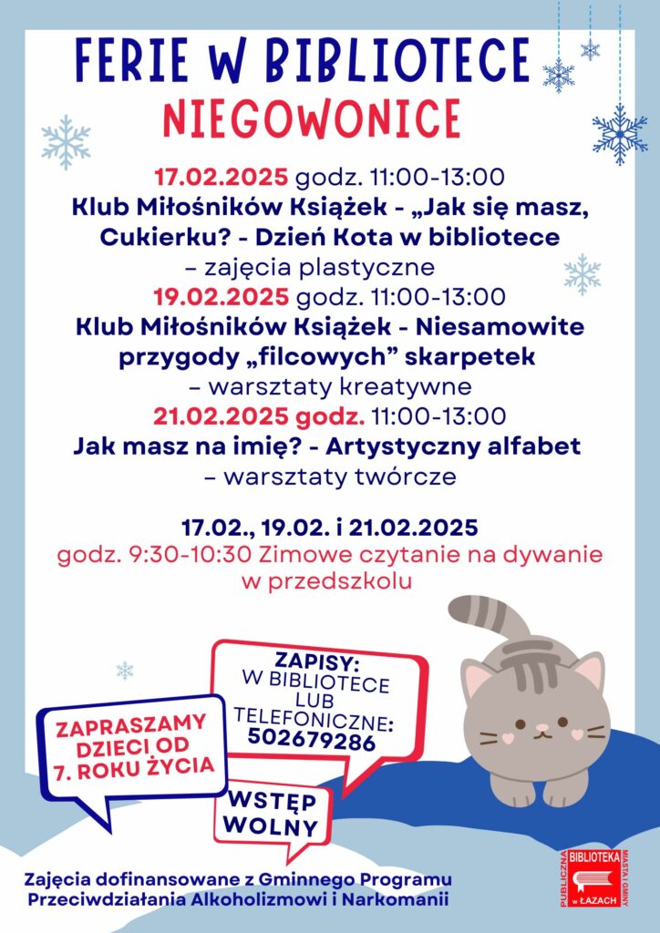 Plakat zapowiadający zajęcia w ramach ferii w bibliotece w Niegowonicach w roku 2025