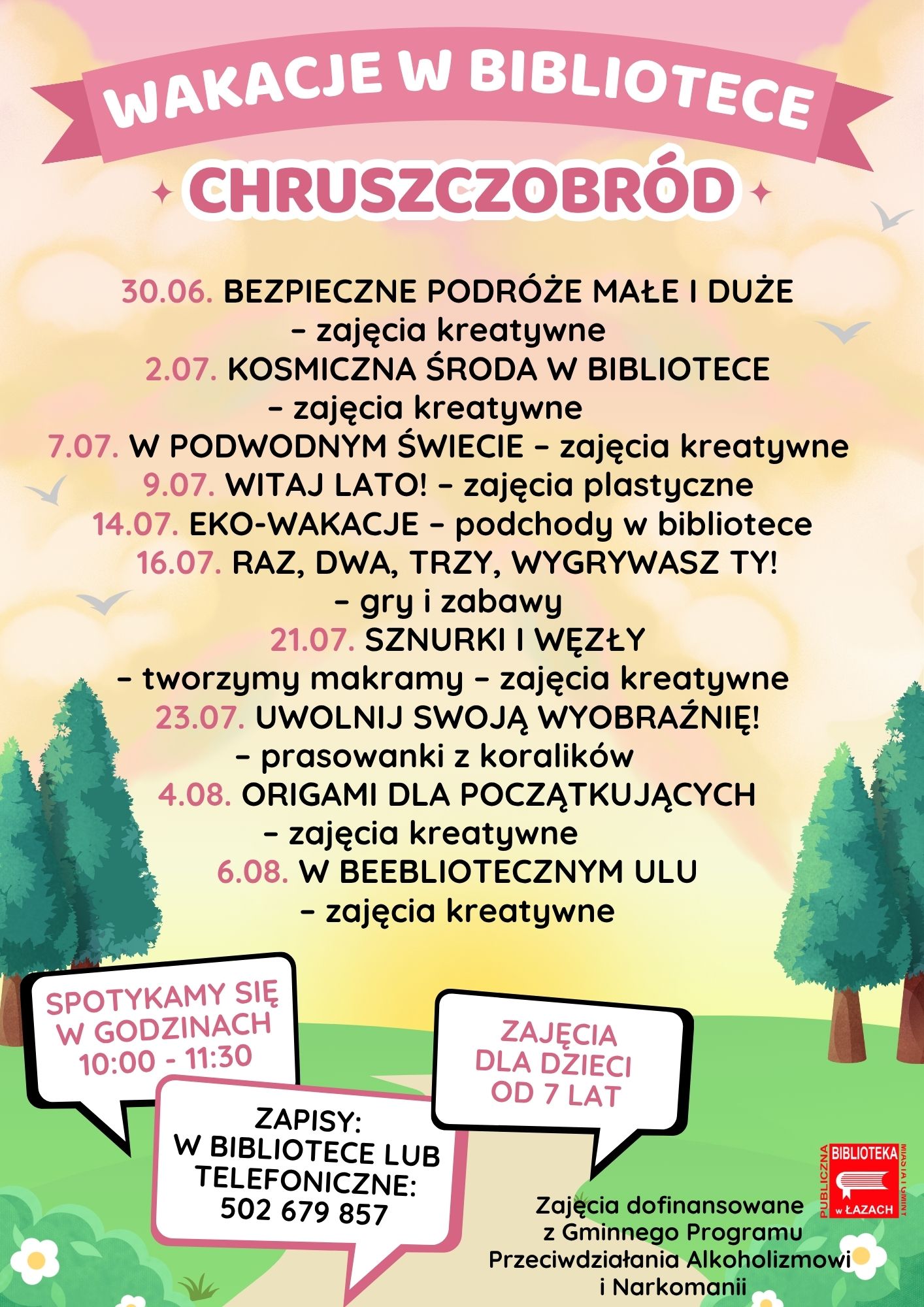 Plakat informujący o wakacyjnych zajęciach w Bibliotece w Chruszczobrodzie lato 2025 roku