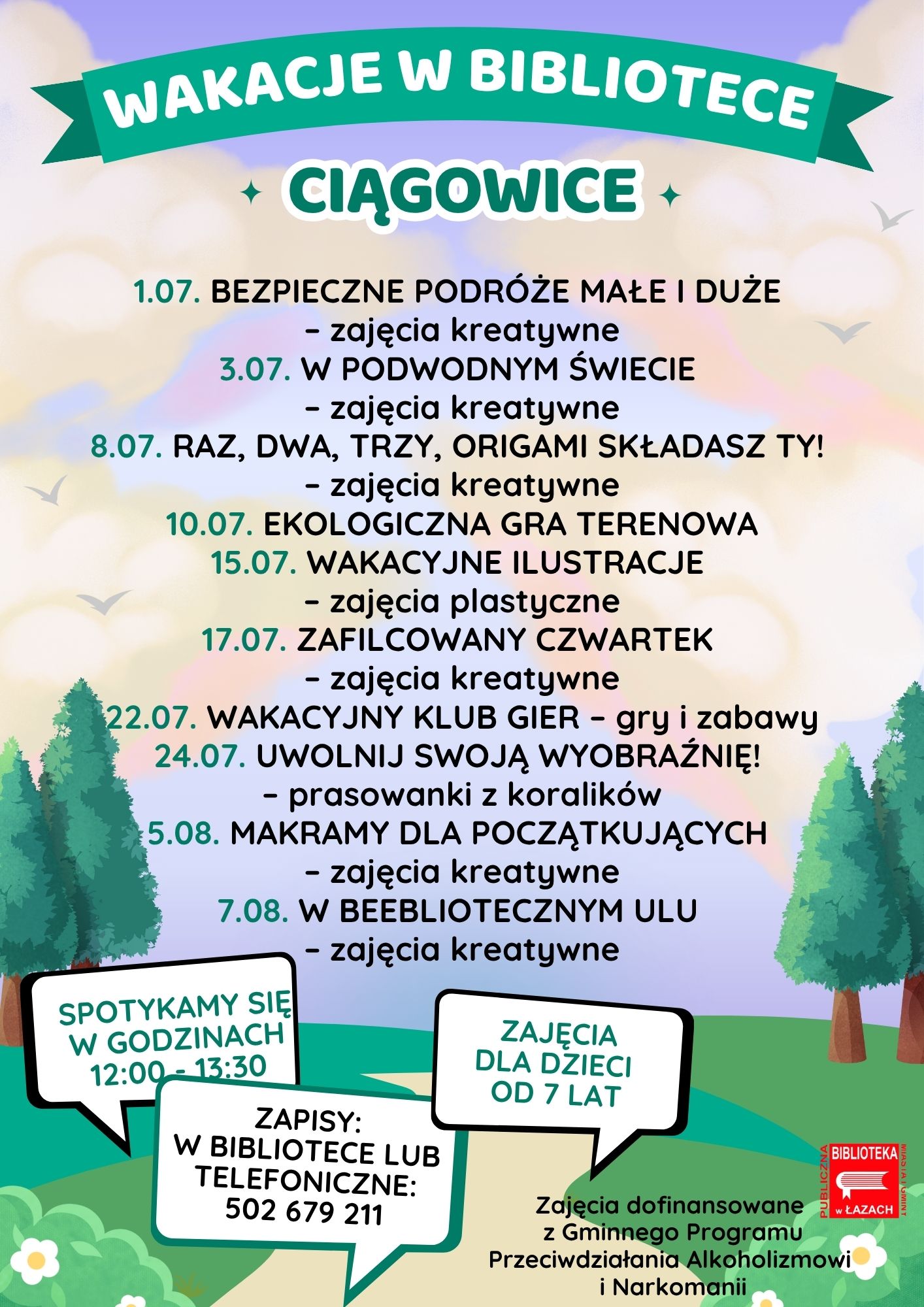 Plakat informujący o wakacyjnych zajęciach w Bibliotece w Ciągowicach lato 2025 roku