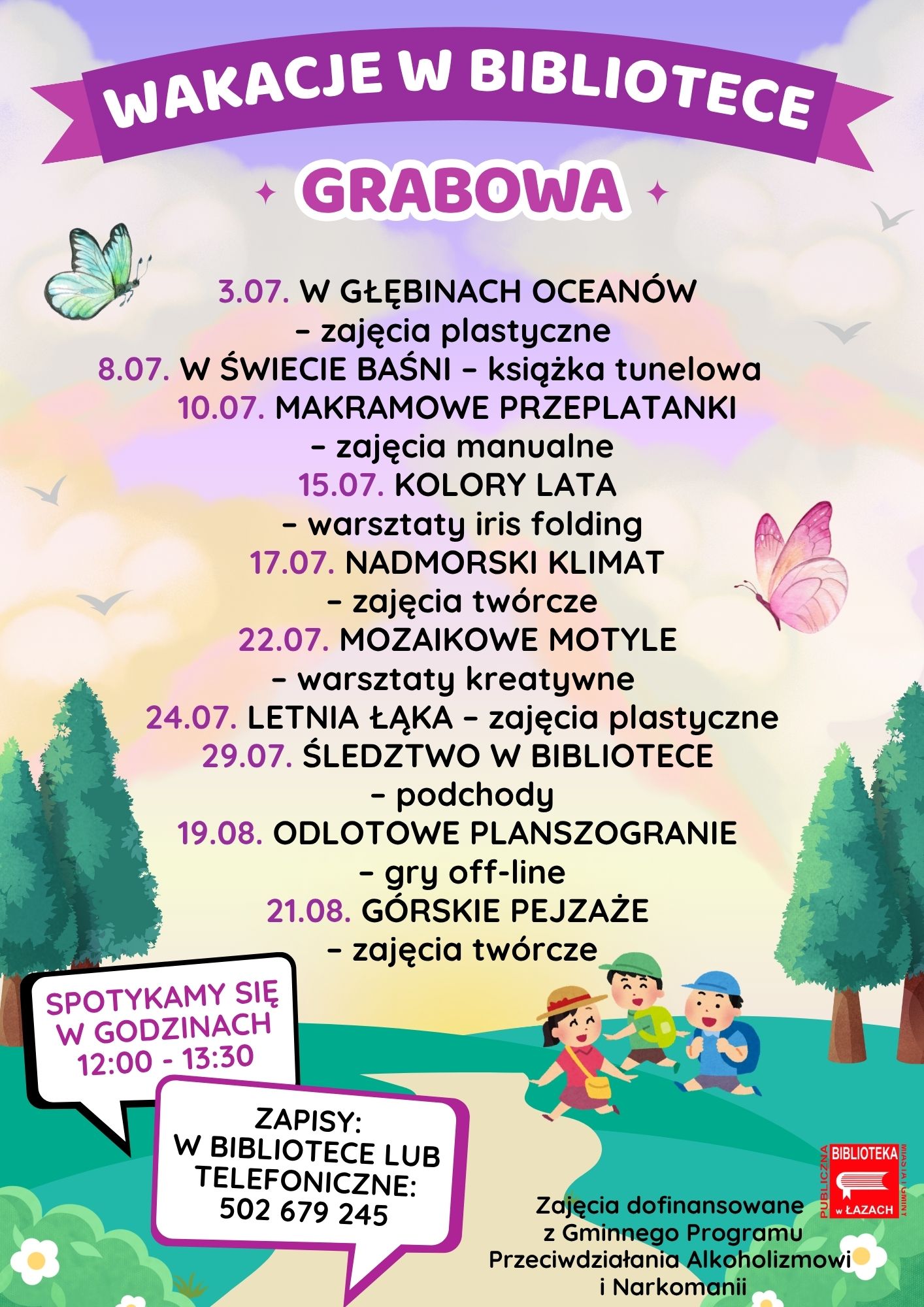 Plakat informujący o wakacyjnych zajęciach w Bibliotece w Grabowej lato 2025 roku