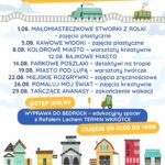 Plakat informujący o wakacyjnych zajęciach w Bibliotece w Łazach lato 2025 roku