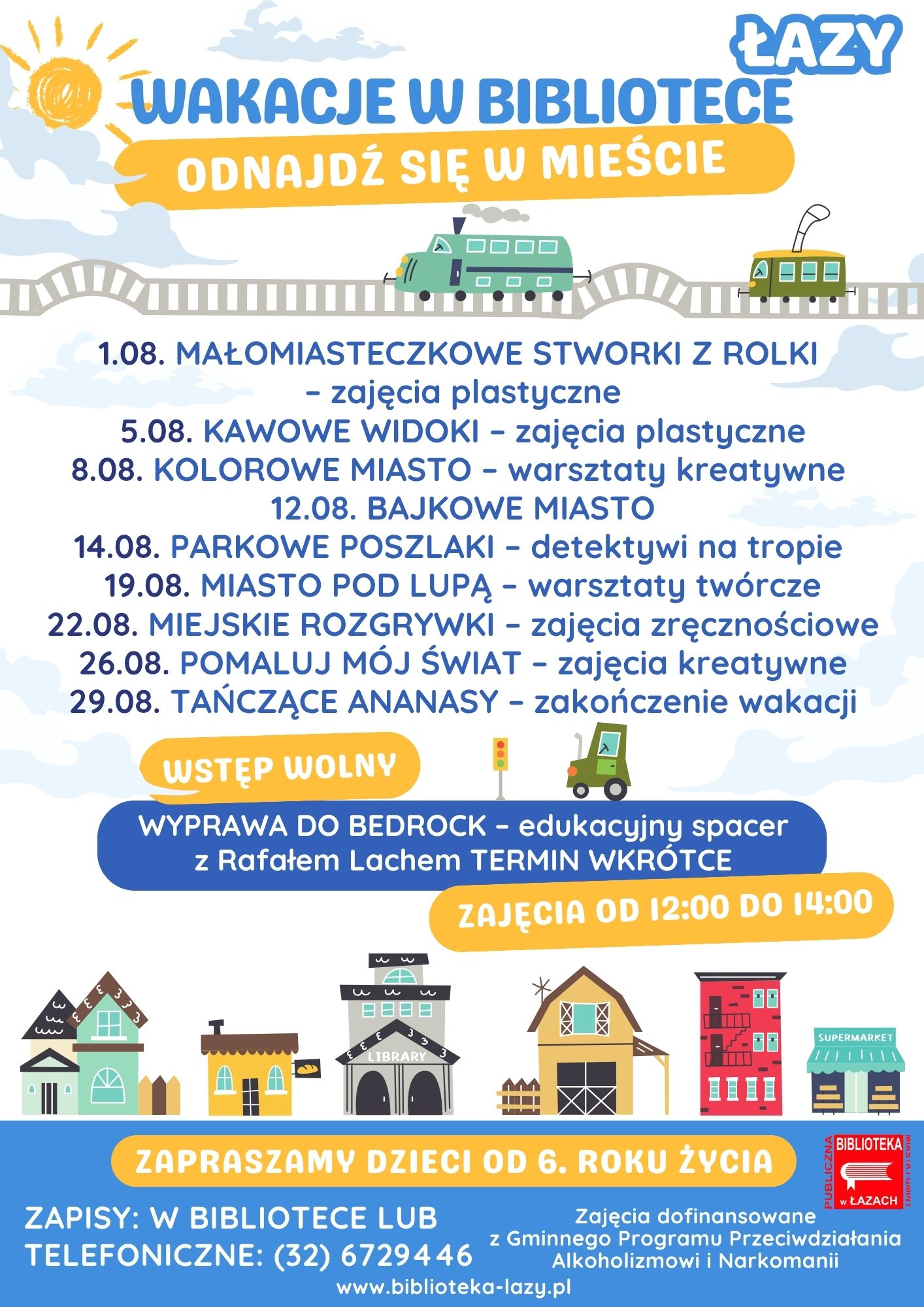 Plakat informujący o wakacyjnych zajęciach w Bibliotece w Łazach lato 2025 roku