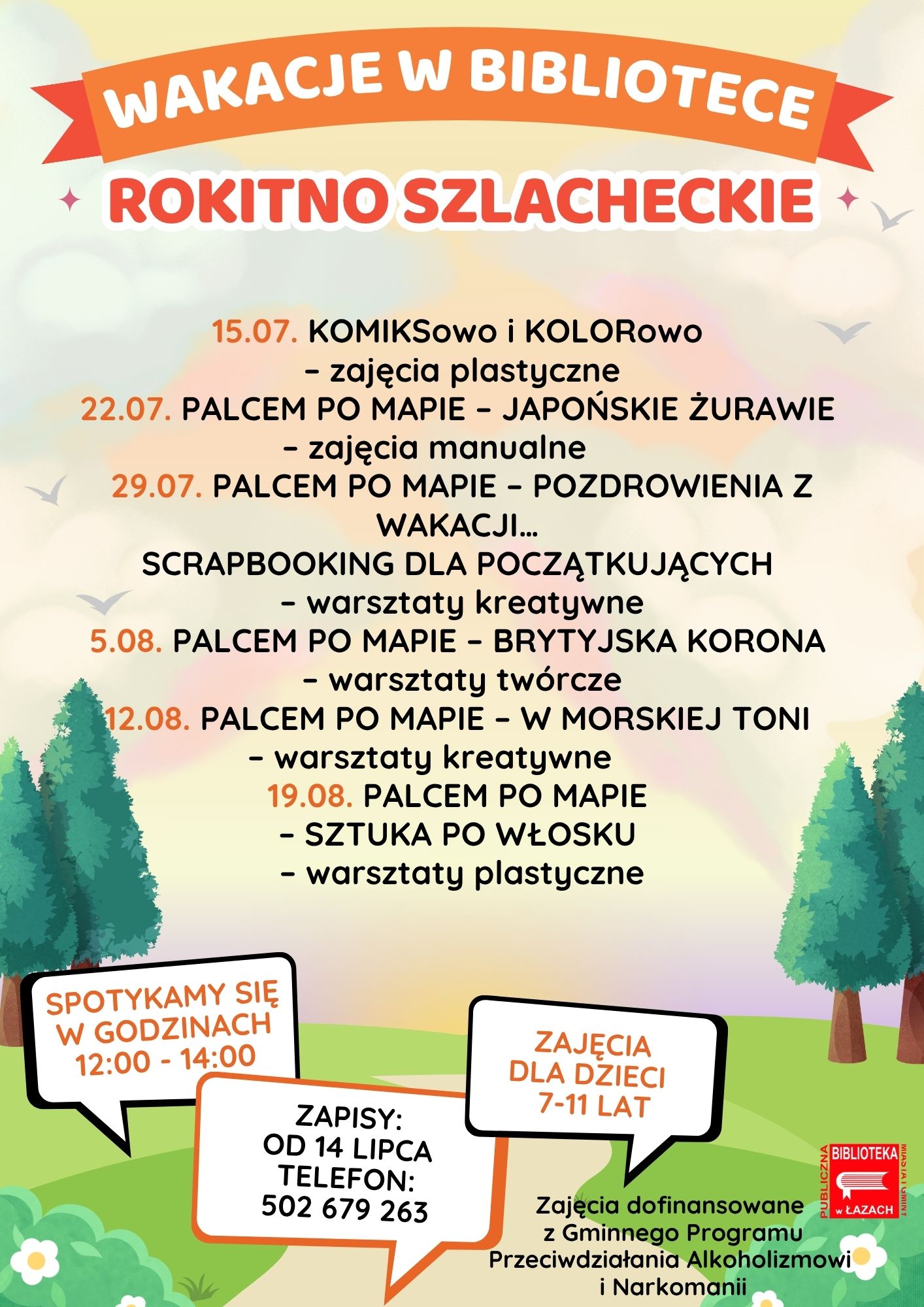 Plakat informujący o wakacyjnych zajęciach w Bibliotece w Rokitnie Szlacheckim lato 2025 roku