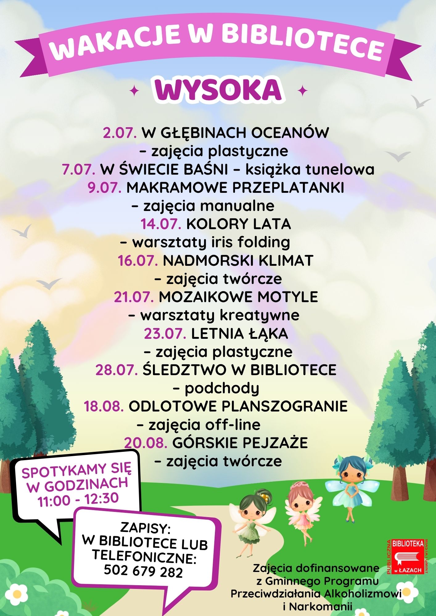 Plakat informujący o wakacyjnych zajęciach w Bibliotece w Wysokiej lato 2025 roku