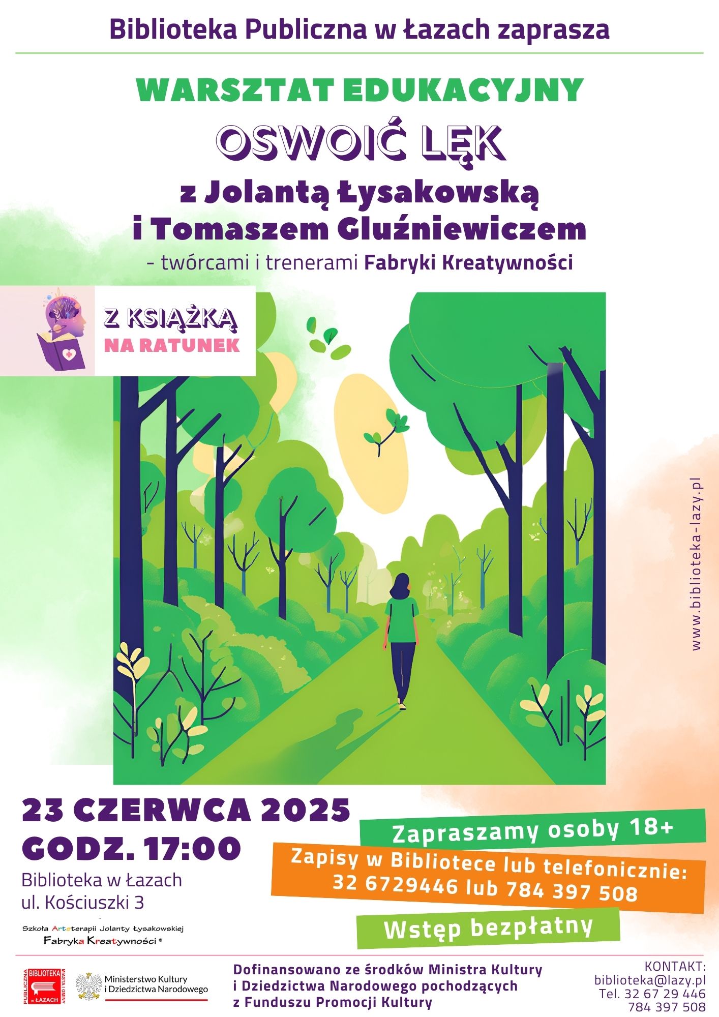 Plakat zapowiadający warsztat edukacyjny Oswoić lęk który odbędzie się 23 czerwca 2025 roku o godzinie 17