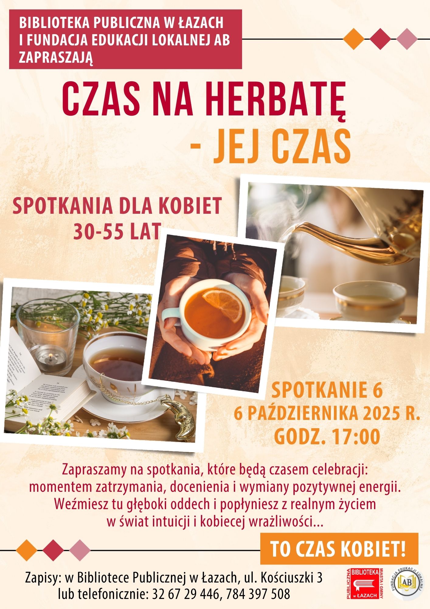 Grafika zapowiadająca drugie spotkanie dla kobiet czas na herbatę - jej czas które odbędzie się 6 października 2025 roku o godzinie 17
