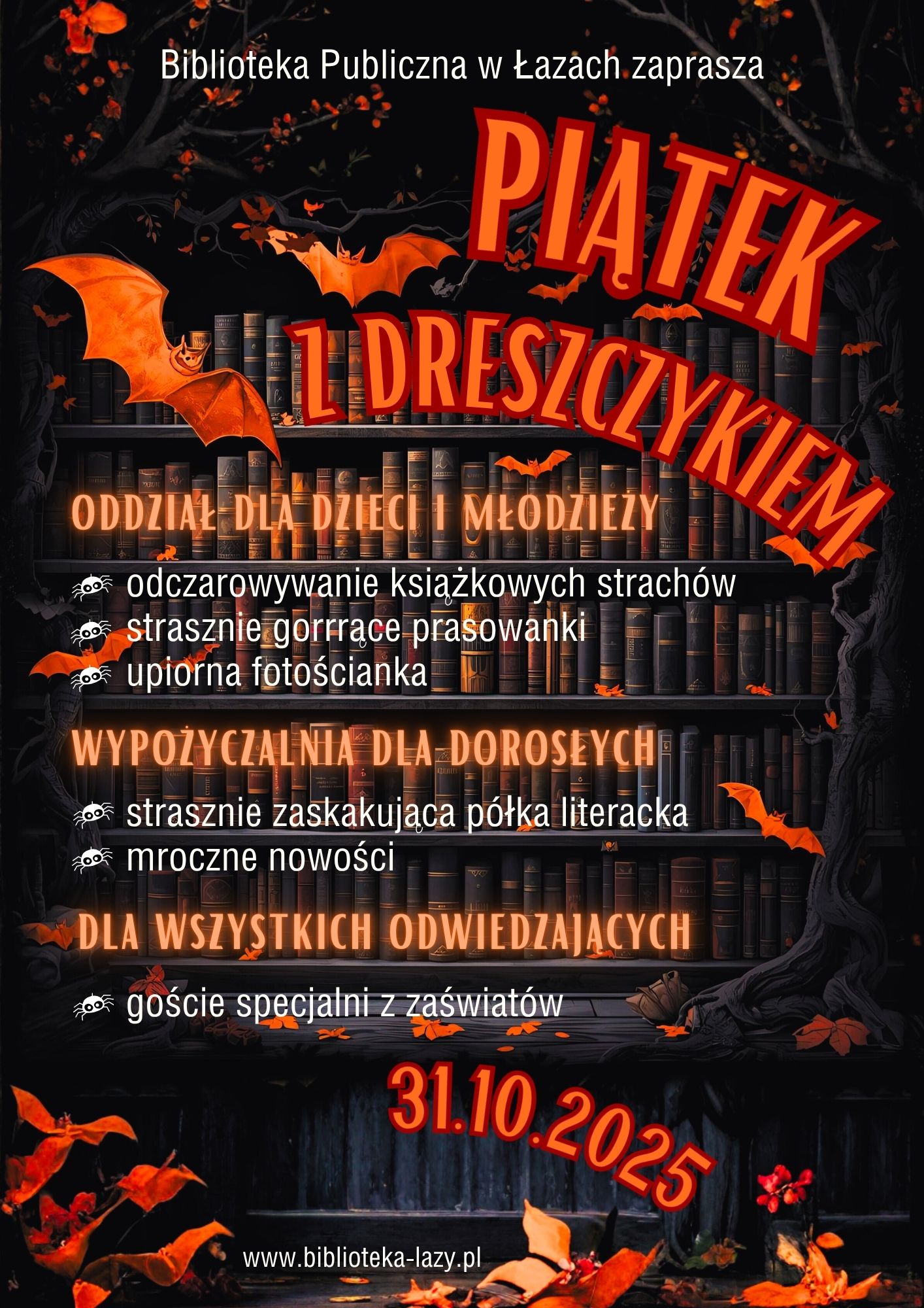 Plakat zapowiadający akcję promującą czytelnictwo związaną z oswajaniem lęków, która odbędzie się 31 października 2025 roku