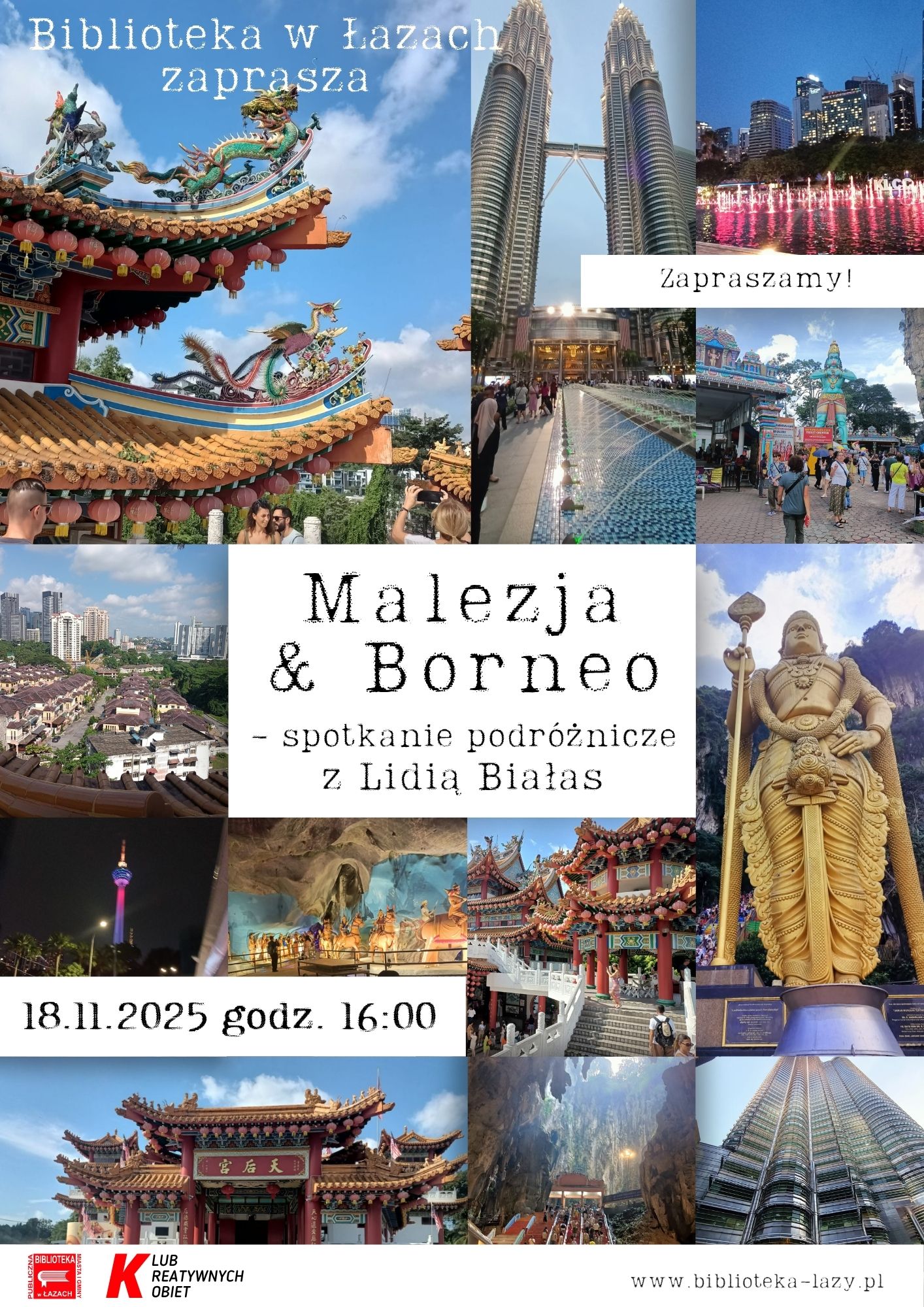 Plakat zapowiadający spotkanie podróżnicze Malezja i Borneo z Lidią Białas, które odbędzie się 18 listopada 2025 roku o godzinie 16
