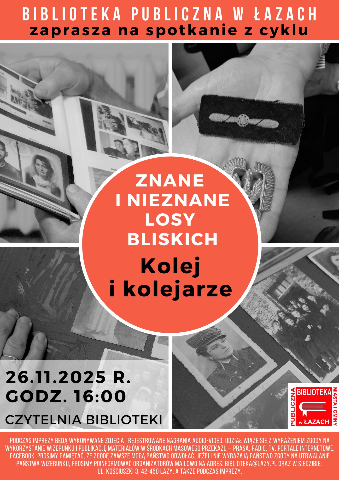 Plakat zapowiadający spotkanie z cyklu znane i nieznane losy bliskich 26 listopada 2025 roku o godzinie 16