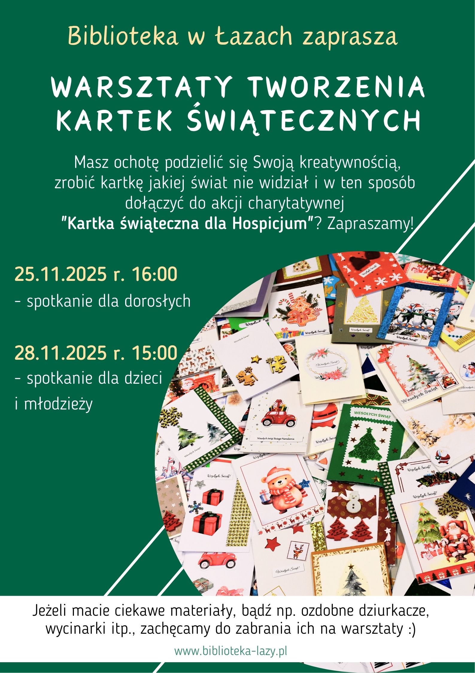 Plakat zapowiadający warsztaty w ramach akcji kartka świąteczna dla hospicjum w roku 2025