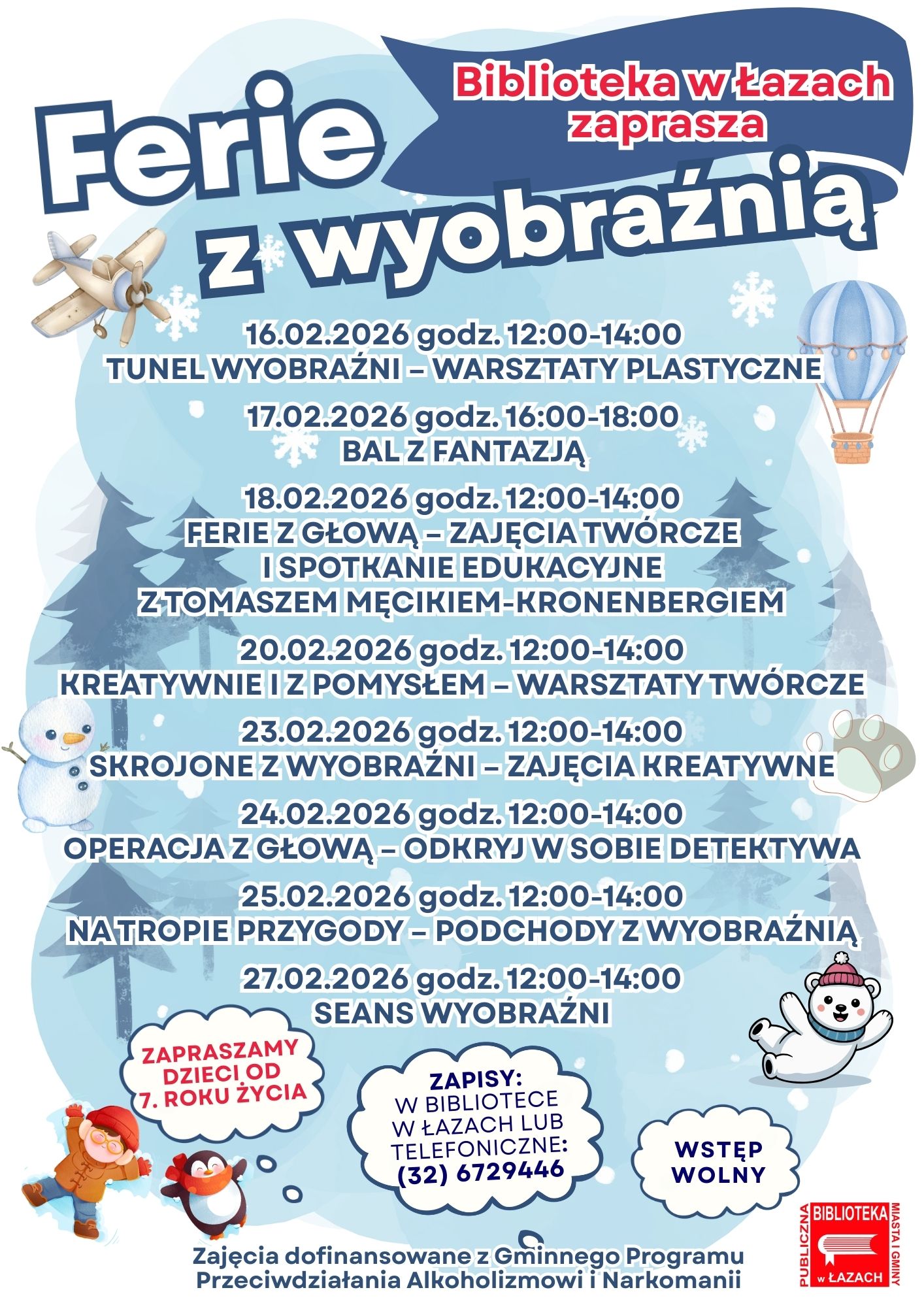 Plakat zapowiadający ferie w Bibliotece Publicznej w Łazach