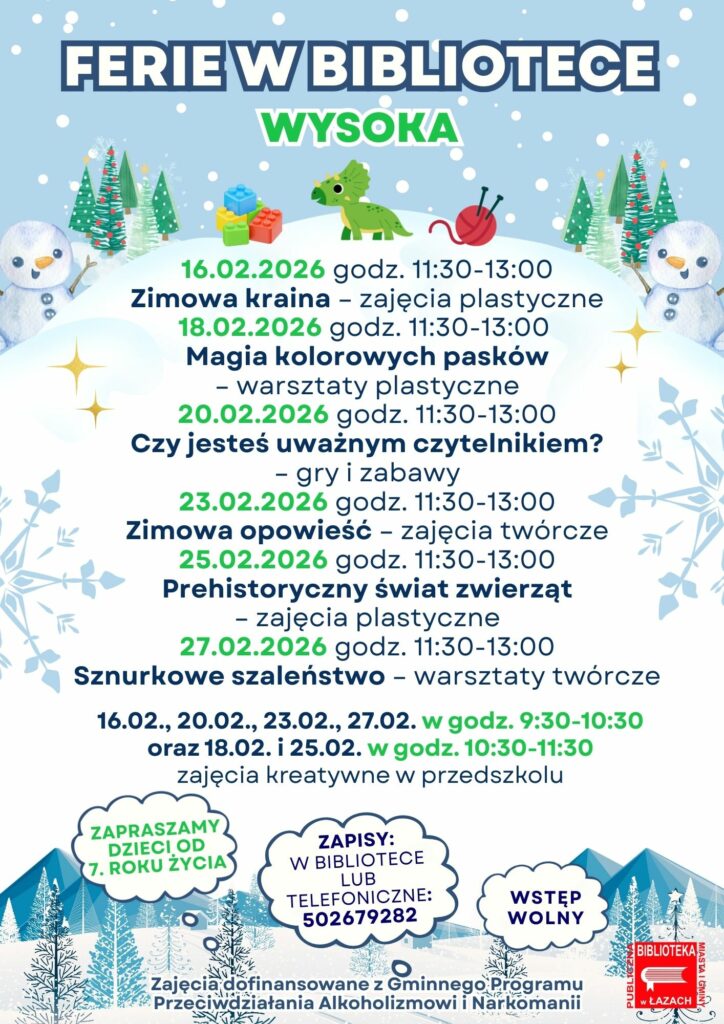Plakat zapowiadający ferie w Filii bibliotecznej nr 2 w Wysokiej