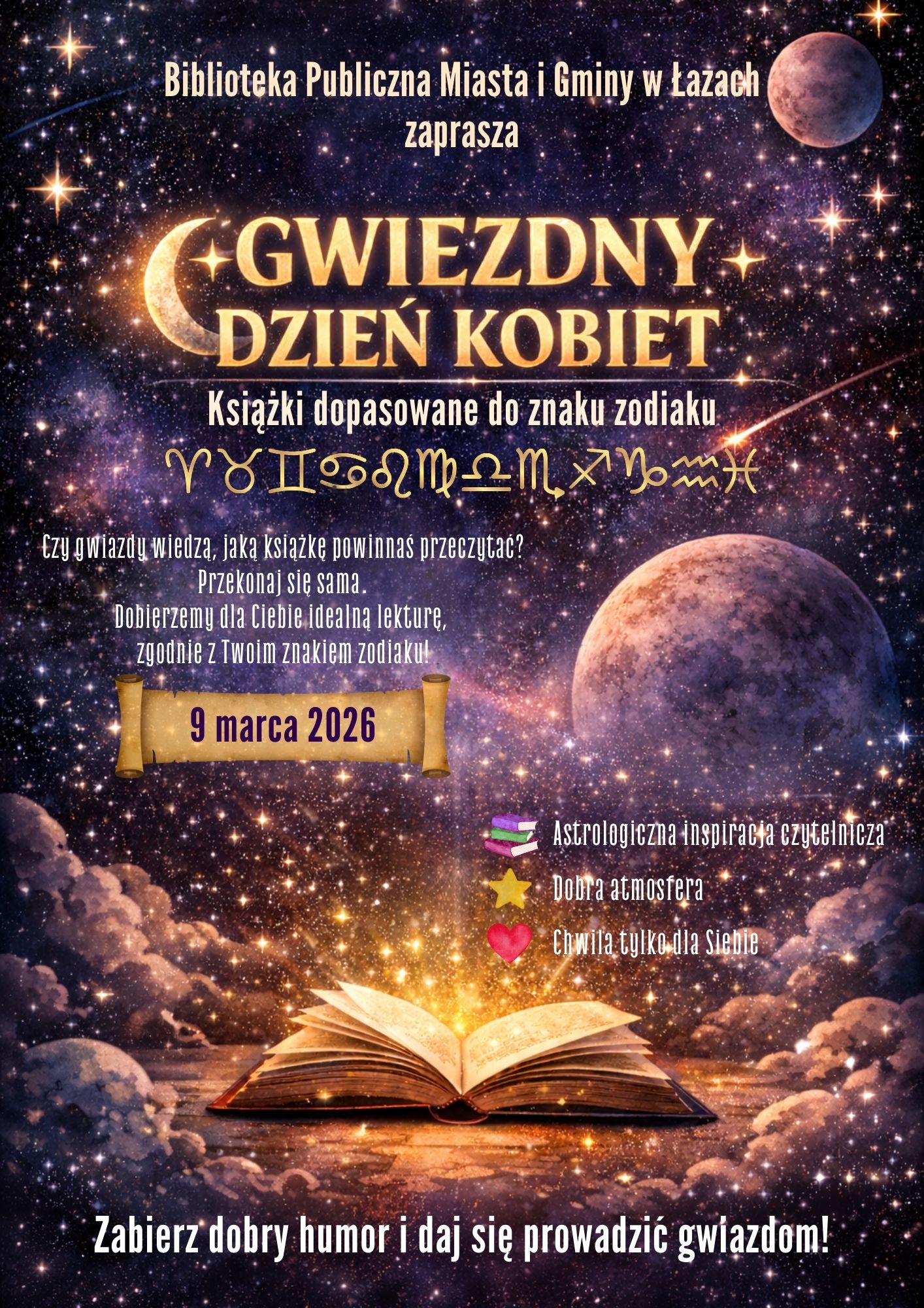 Grafika zapowiadająca akcję promującą czytelnictwo Gwiezdny dzień kobiet 9 marca 2026 roku