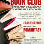 Grafika zapowiadająca pierwsze spotkanie Book Clubu w Bibliotece w Łazach 8 kwietnia o szesnastej trzydzieści