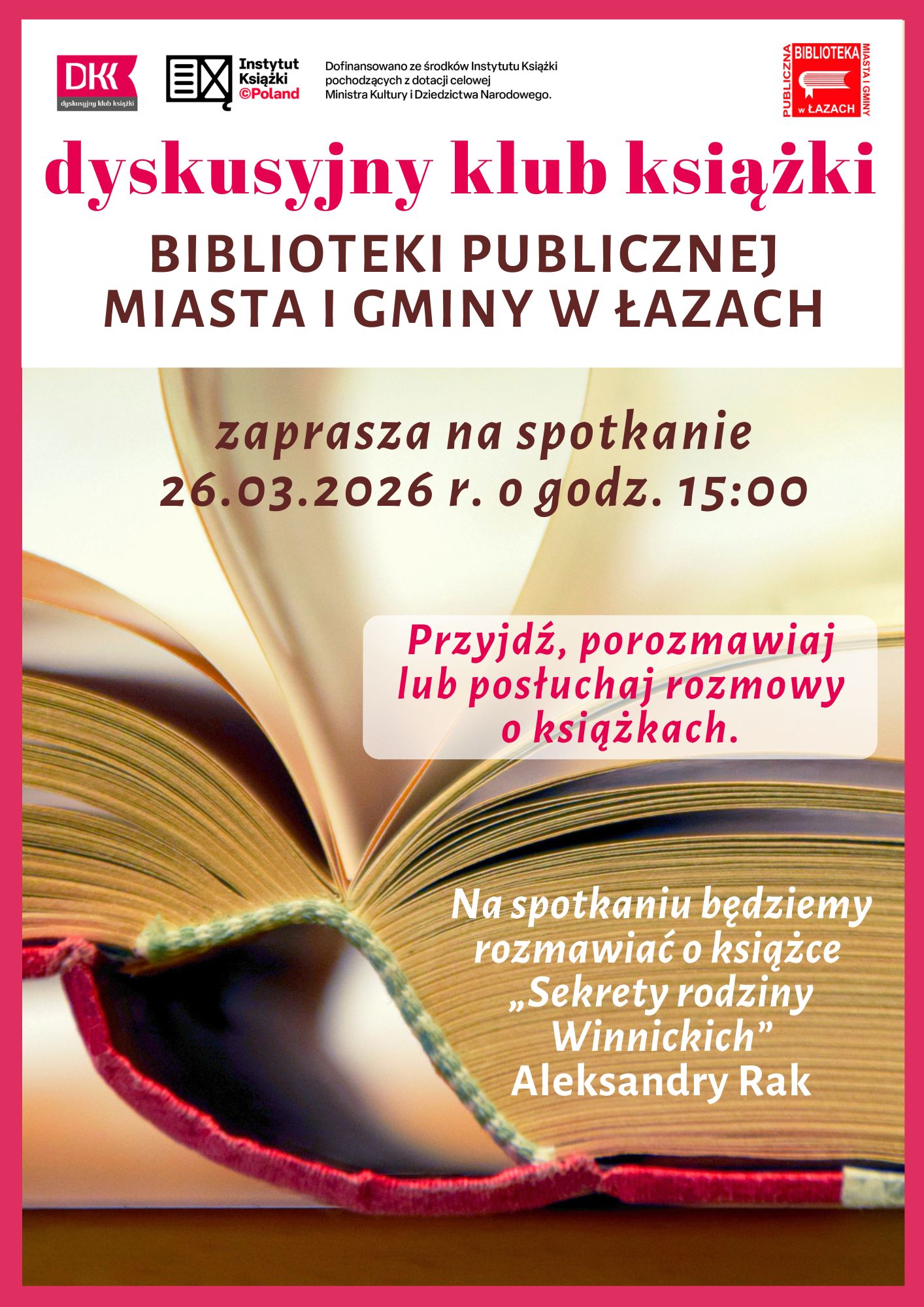 Plakat zapowiadający spotkanie Dyskusyjnego Klubu Książki 26 marca 2026 roku o godzinie 15
