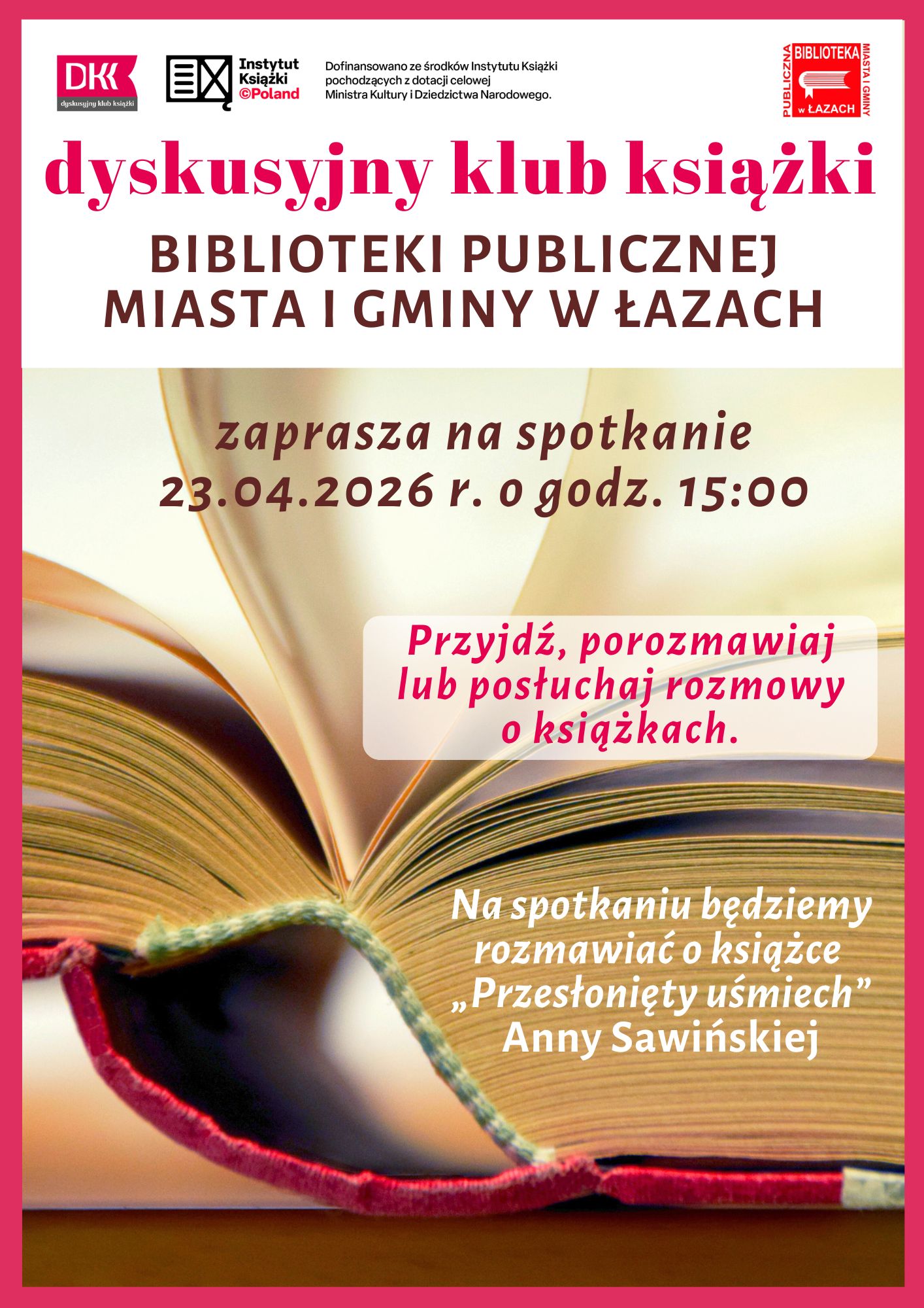 Plakat zapowiadający spotkanie Dyskusyjnego Klubu Książki 23 kwietnia 2026 roku o godzinie 15