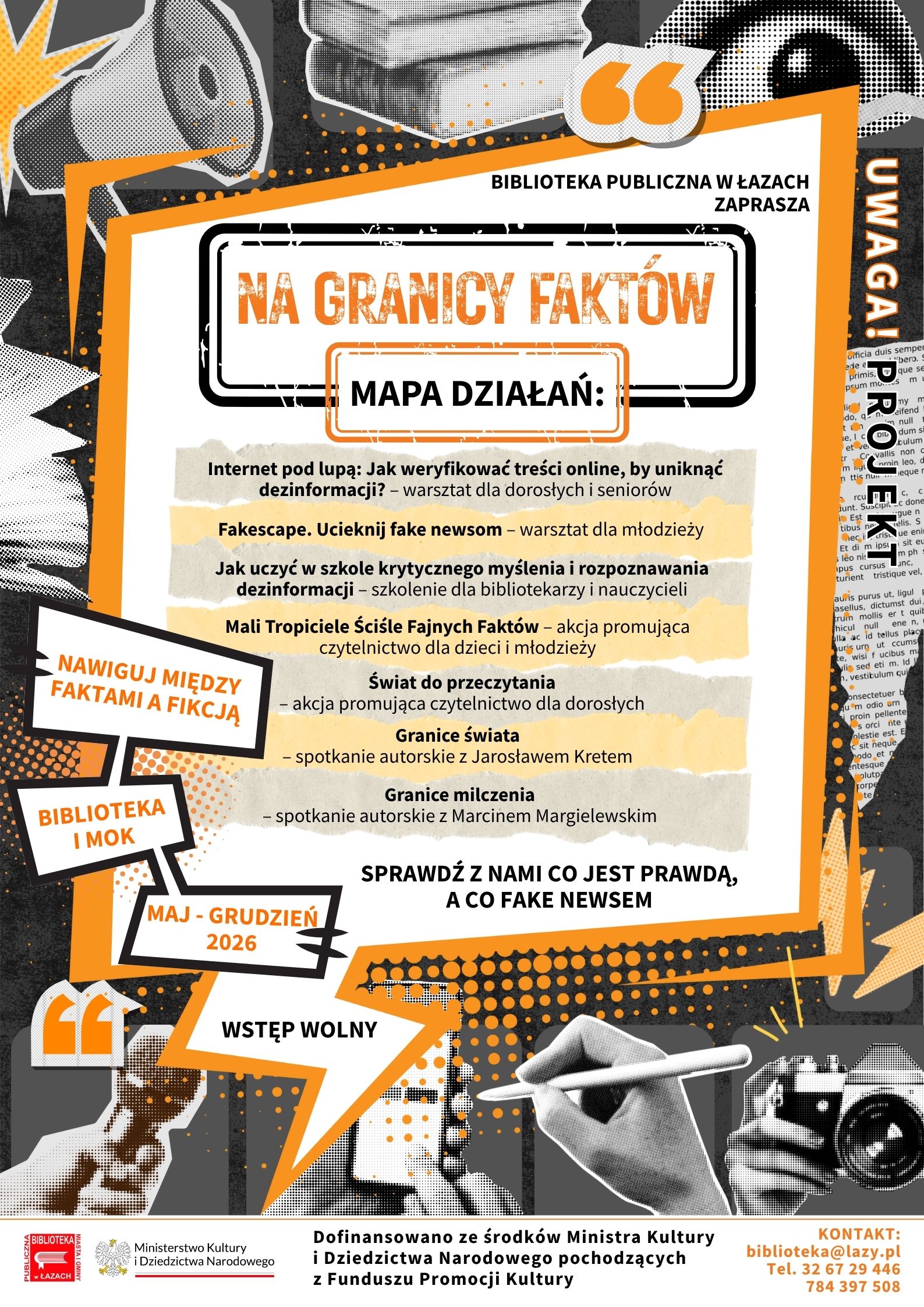 Plakat zapowiadający projekt Na granicy faktów realizowany w ramach programu Partnerstwo dla książki 2026