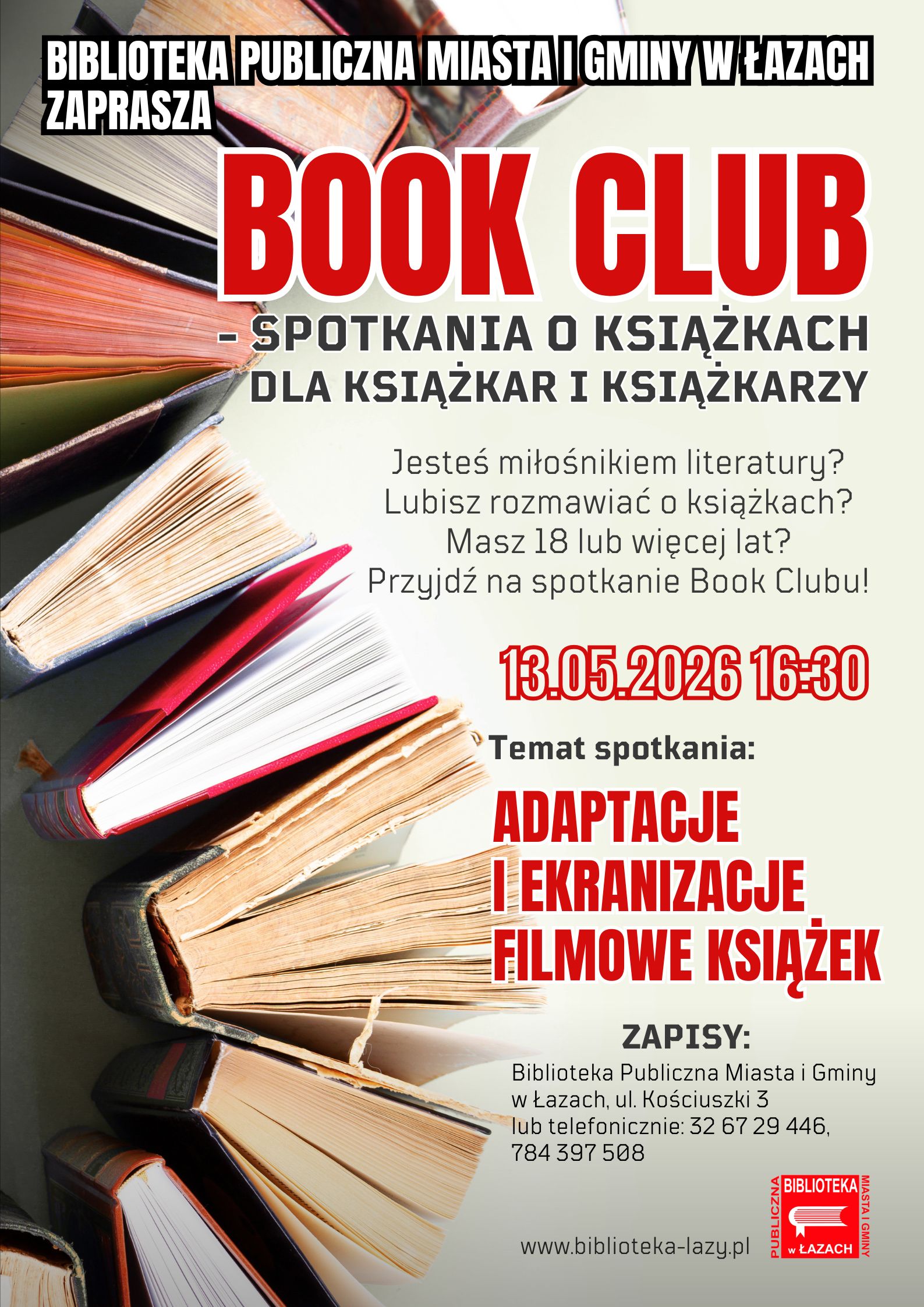 Plakat zapowiadający spotkanie Book Clubu 13 maja o godzinie 16.30