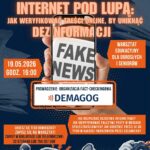 Plakat zapowiadający warsztaty Internet pod lupą, które odbędą się 19 maja o godzinie 16.00