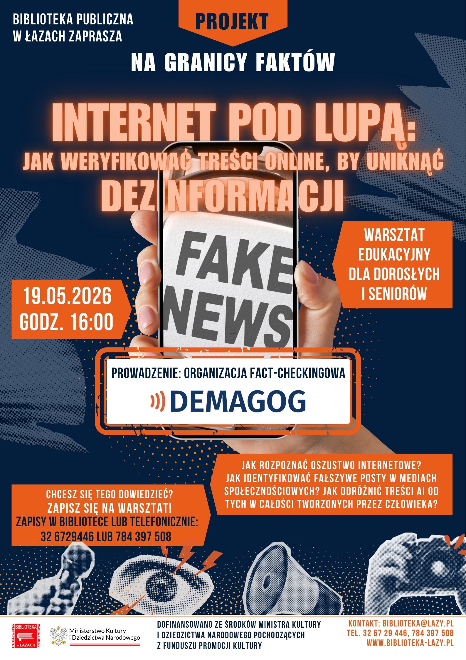 Plakat zapowiadający warsztaty Internet pod lupą, które odbędą się 19 maja o godzinie 16.00