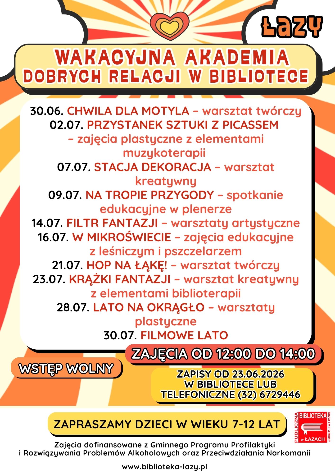 Grafika informująca o zajęciach wakacyjnych w roku 2026 w Bibliotece w Łazach