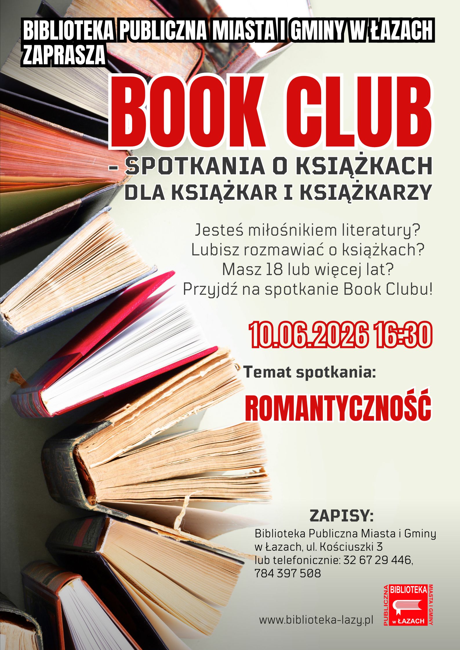 Grafika zapowiadająca trzecie spotkanie Book Clubu w Bibliotece w Łazach 10 czerwca o szesnastej trzydzieści