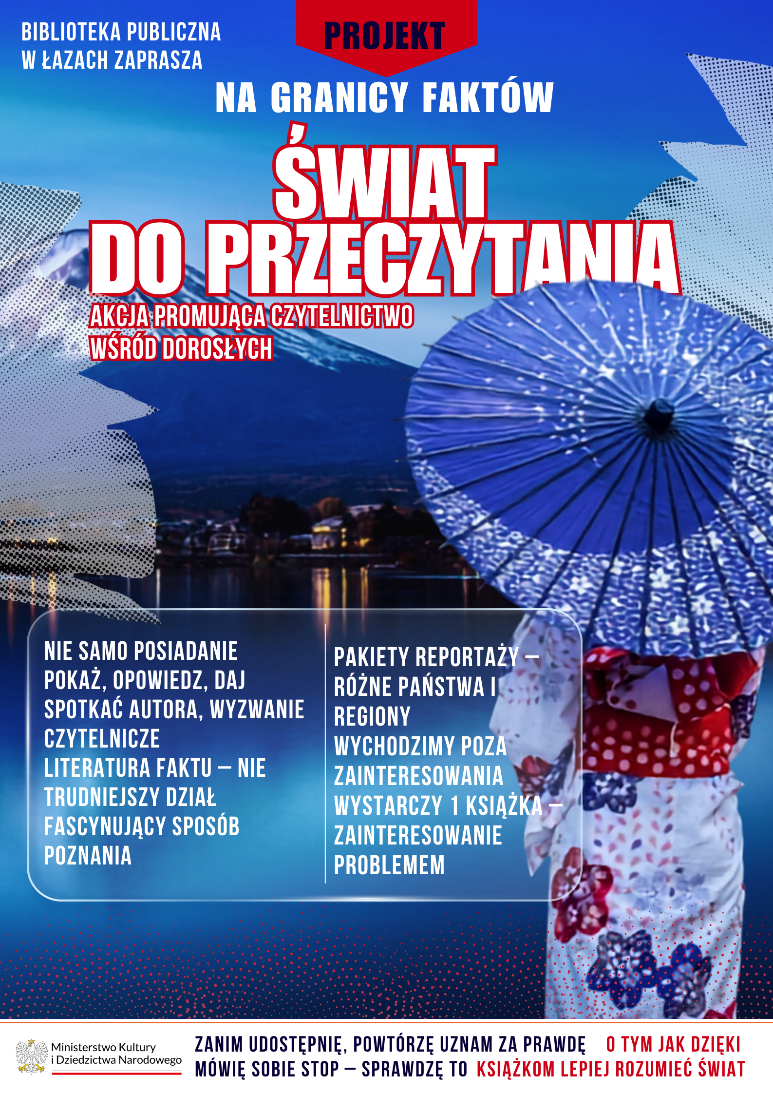 Grafika zapowiadająca akcję promującą czytelnictwo Świat do przeczytania w ramach projektu Na granicy faktów