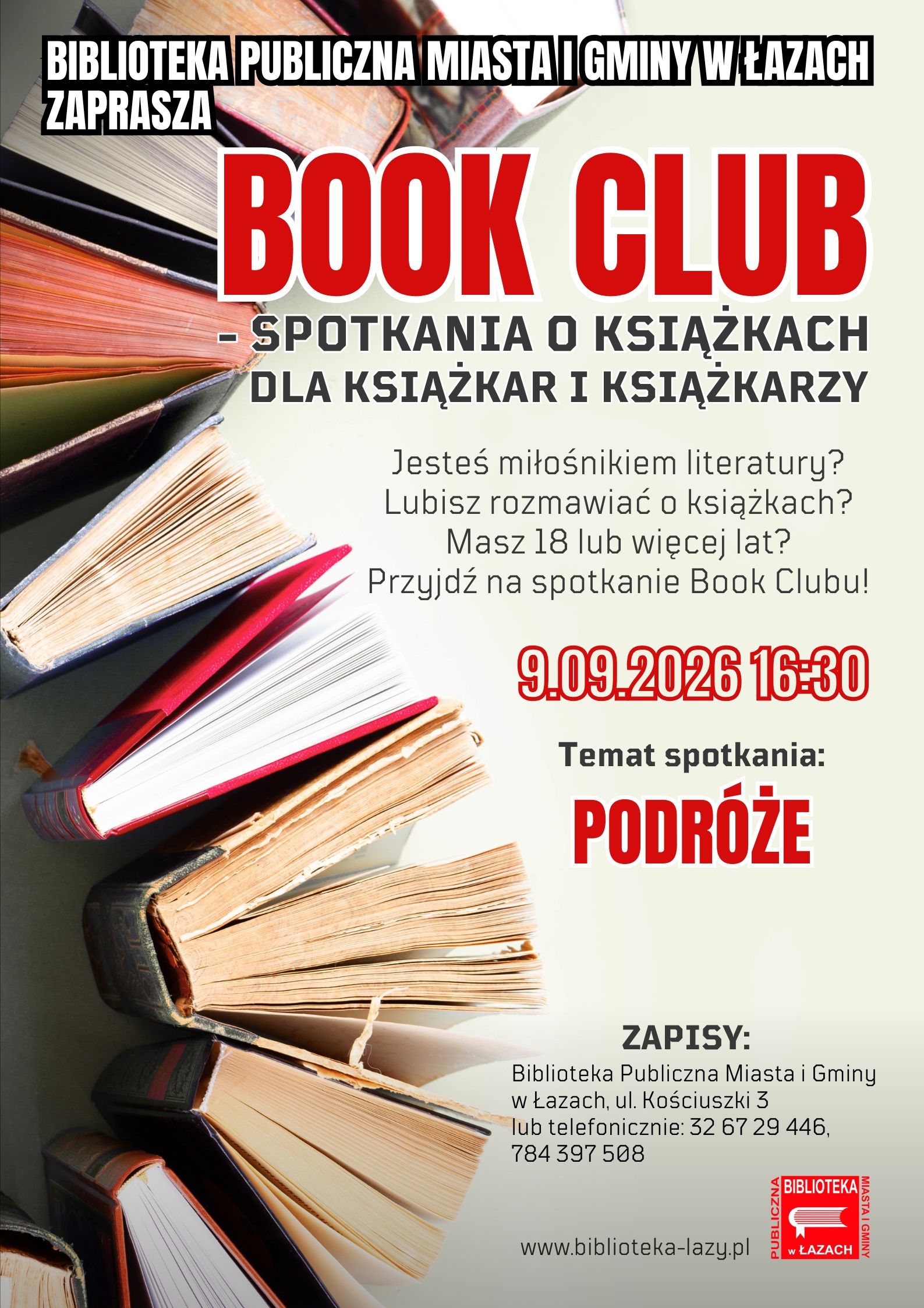 Grafika zapowiadająca czwarte spotkanie Book Clubu w Bibliotece w Łazach 9 września o szesnastej trzydzieści