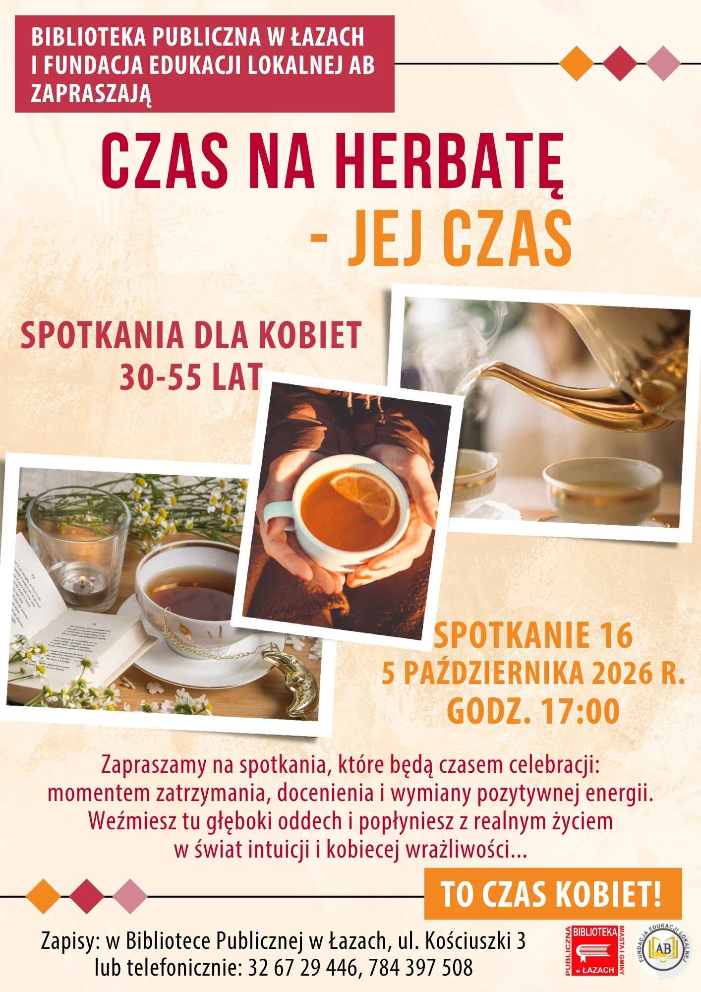 Grafika zapowiadająca szesnaste spotkanie dla kobiet czas na herbatę - jej czas 5 października 2026 roku o godzinie 17