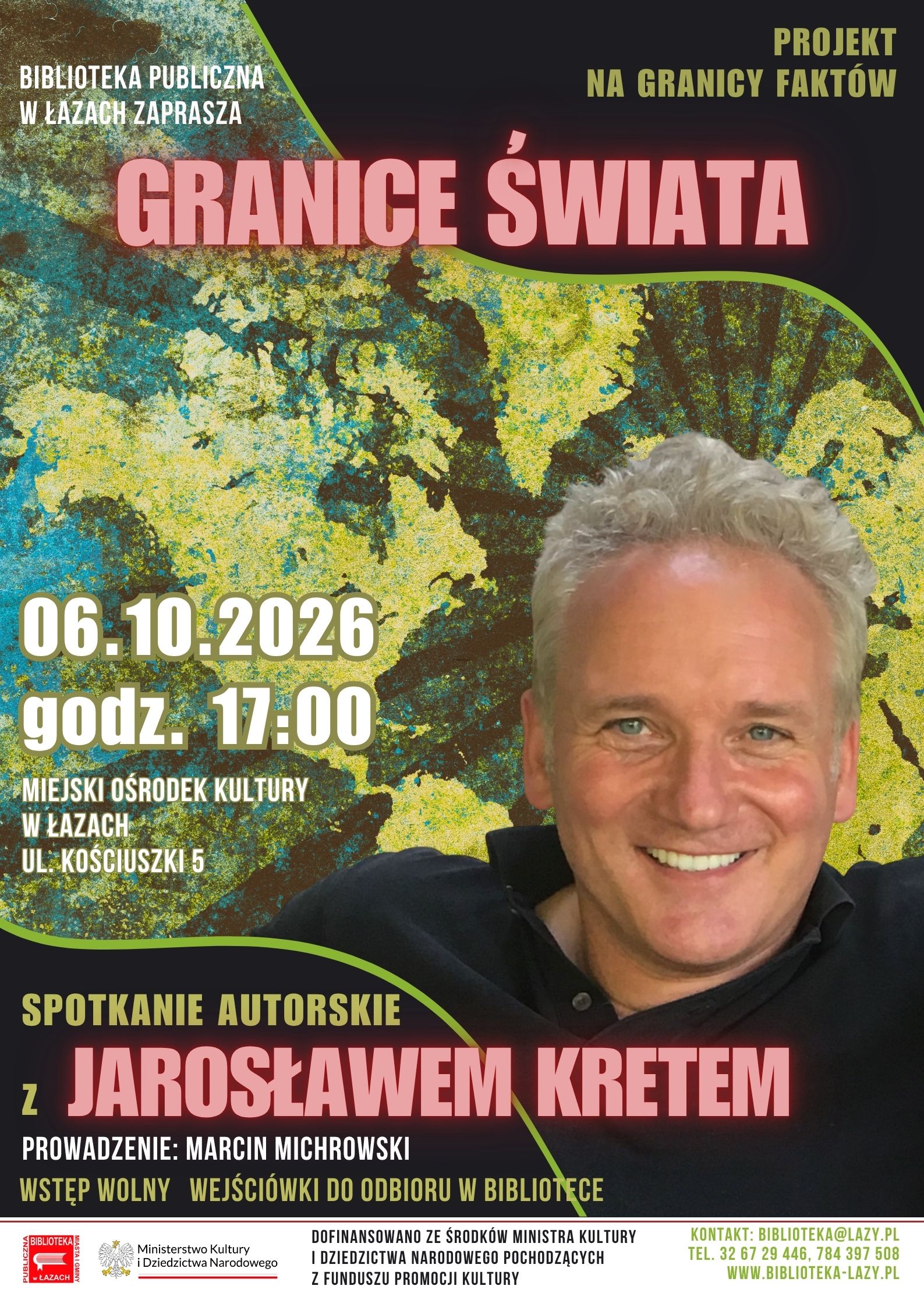 Plakat zapowiadający spotkanie autorskie z Jarosławem Kretem 6 października 2026 roku o godzinie 17