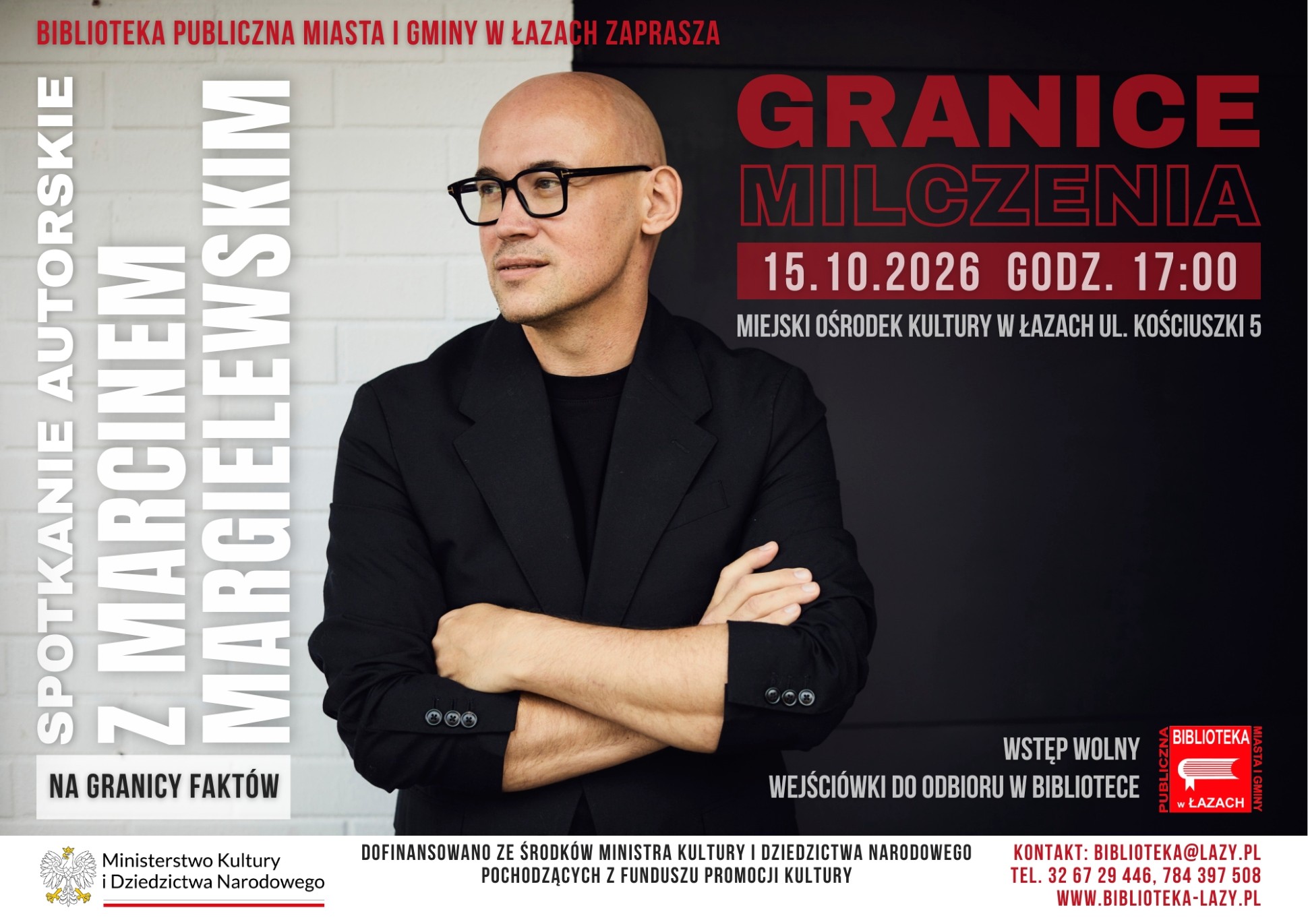 Plakat zapowiadający spotkanie autorskie Granice milczenia z Marcinem Margielewskim, które odbędzie się 15 października 2026 roku o godzinie 17