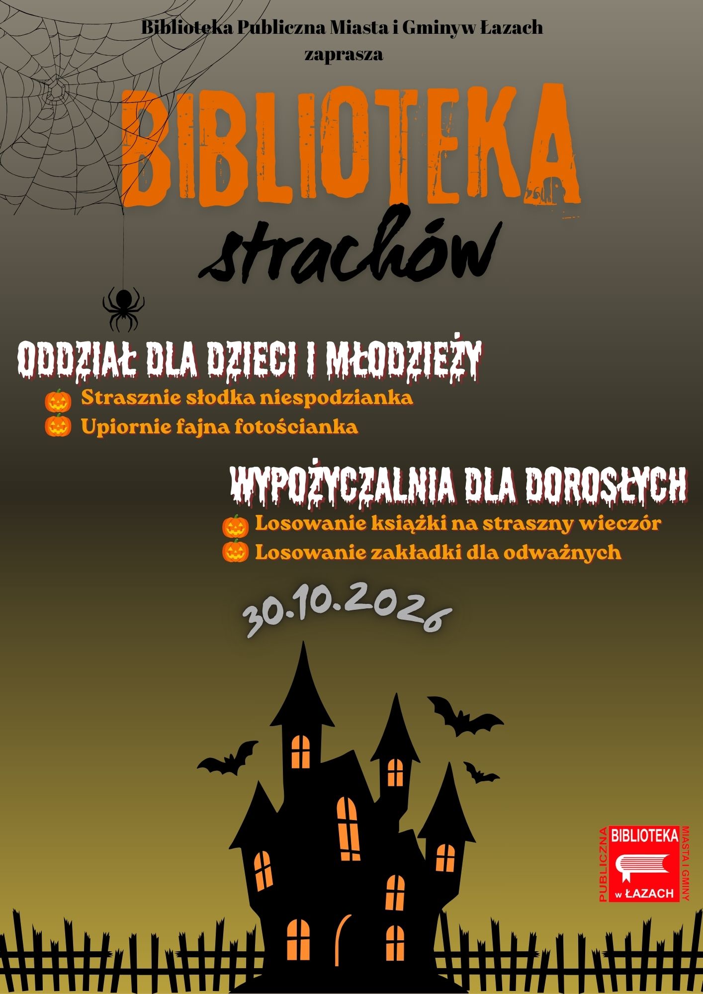 Grafika zapowiadająca działania promujące czytelni8ctwo pod hasłem Biblioteka strachów