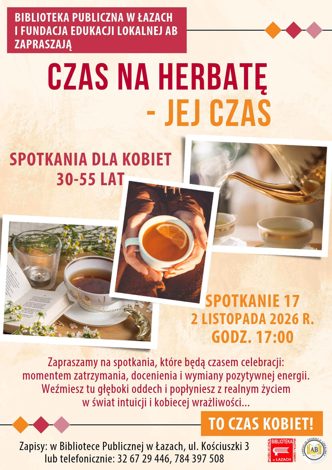 Grafika zapowiadająca siedemnaste spotkanie dla kobiet czas na herbatę - jej czas 2 listopada 2026 roku o godzinie 17